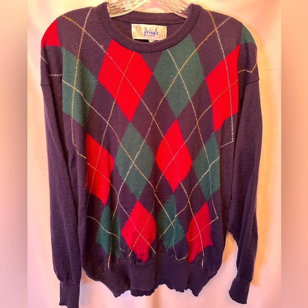 Pringle Of Scotland Vintage Men’s Size Large‎ Navy Blue 100% Wool Argyle Sweater